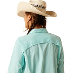 An image of a female model wearing the Ariat VentTEK Stretch Shirt in the colour Baltic Check.