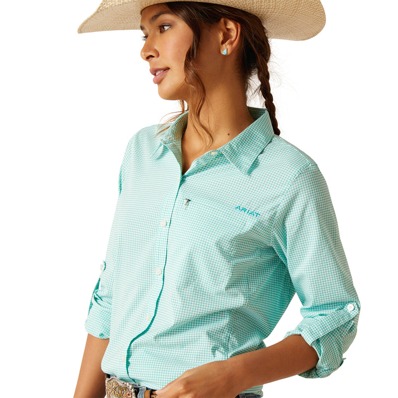 An image of a female model wearing the Ariat VentTEK Stretch Shirt in the colour Baltic Check.