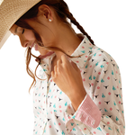 An image of a female model wearing the Ariat Kirby Stretch Shirt in the colour Steer Garden.