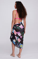 Pia Rossini Samba Sarong. A lightweight black sarong with tie fastening and multicoloured floral print.