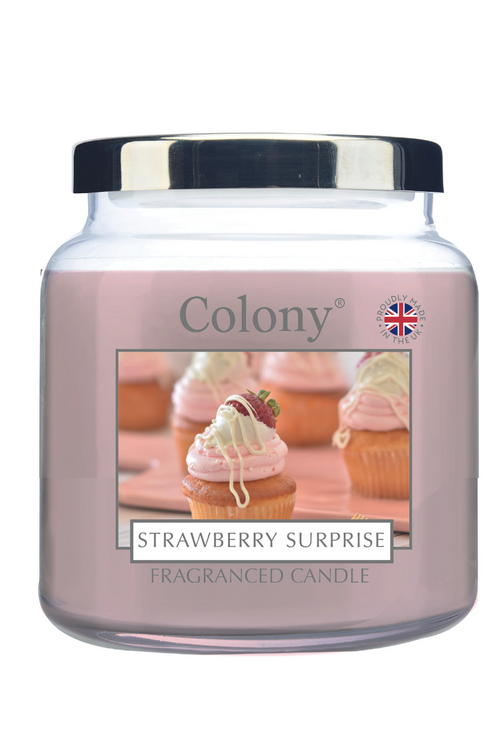 Wax Lyrical Medium Jar Candle. A medium candle with pink wax in the scent strawberry surprise.