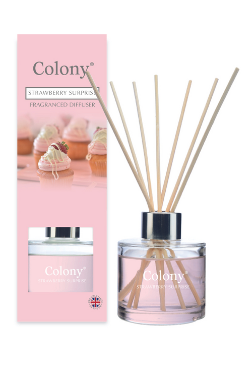 Wax Lyrical Reed Diffuser 100ml. A 100ml reed diffuser with natural reeds, in the scent Strawberry Surprise.
