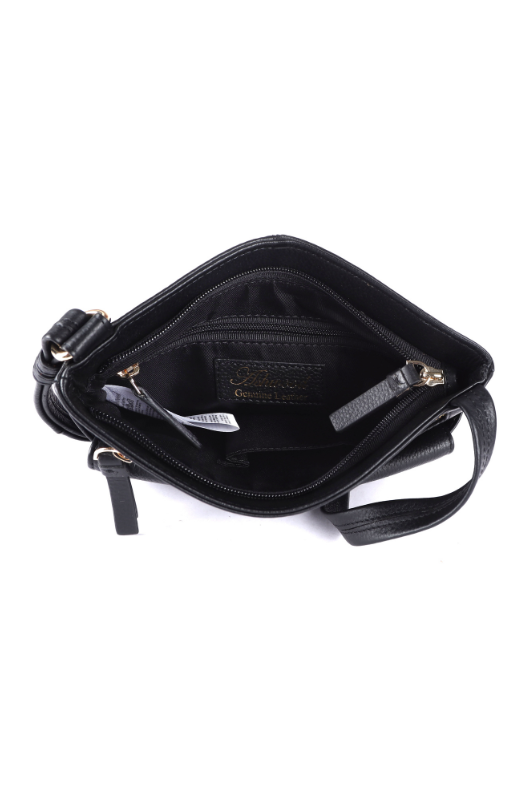 Ashwood Leather Leather Crossbody Bag. A genuine black leather bag with adjustable shoulder strap, anti-theft pocket, organiser pockets and zip closures.