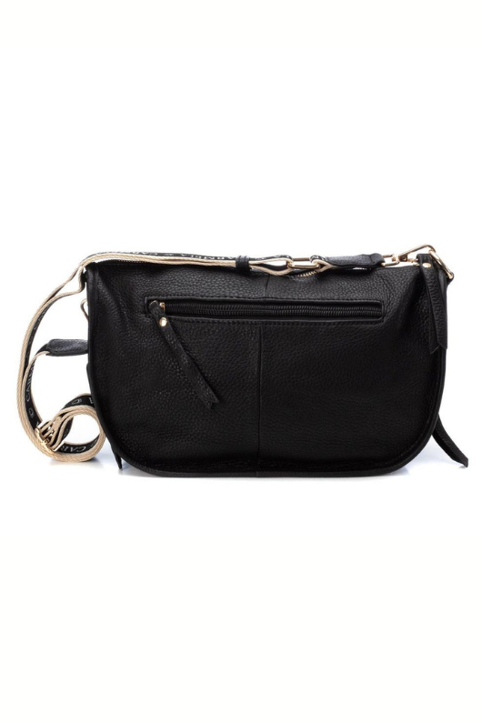 Carmela Cross Body Handbag. A black leather crossbody bag with zipper closures and gold finish details.