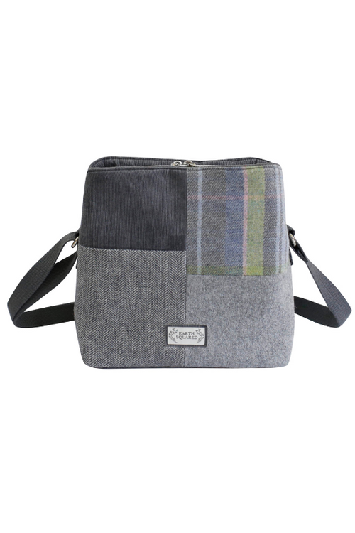Earth Squared Logan Bag. A crossbody bag with adjustable strap, multiple compartments and magnetic/zip closures. This bag has a patchwork tweed design in the style Luffness.