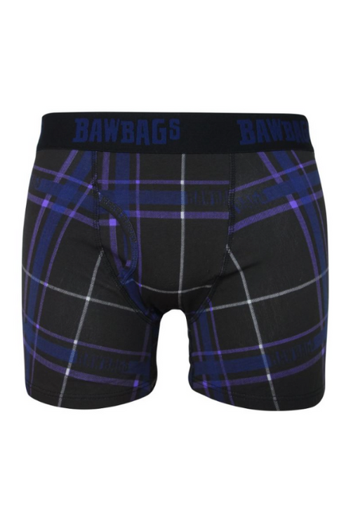 An image of the Bawbags Dark Tartan Cotton Boxer Shorts in a navy colour.