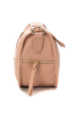 Carmela Cross Body Handbag. A nude leather crossbody bag with zipper closures and gold finish details.