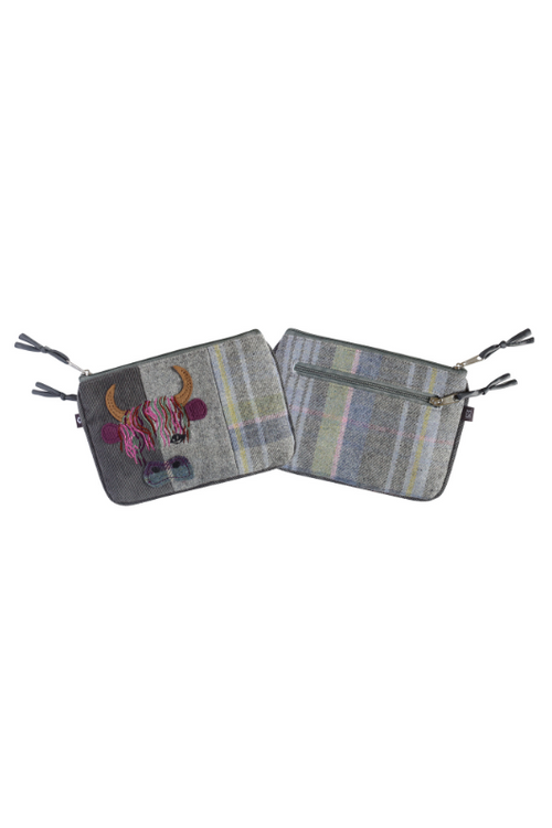Earth Squared Applique Juliet Purse. A soft tweed purse with cow applique and 2 zipped compartments.