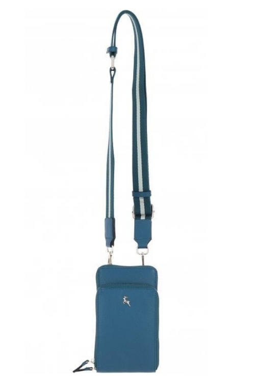 Ashwood Leather Leather Phone Bag. A crossbody bag with two zip compartments, internal organisation system, and card holders. Genuine leather in the colour Teal.