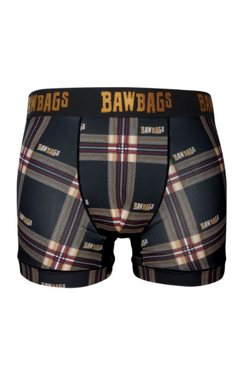 An image of the Bawbags Cool De Sacs Gold Trinity Tartan Technical Boxer Shorts in the colour Gold.