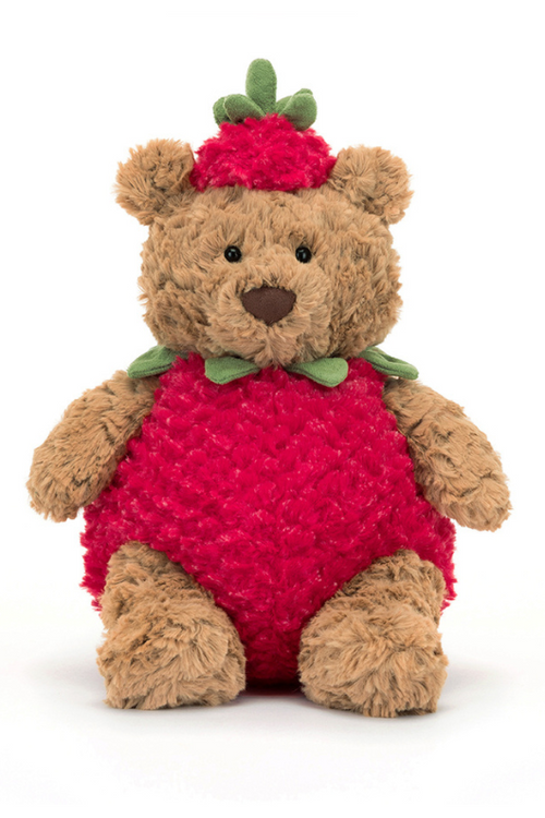 Jellycat Bartholomew Bear Strawberry. A brown teddy bear wearing a red strawberry costume and hat.