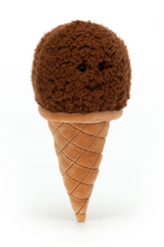 Jellycat Irresistible Chocolate Ice Cream. A soft toy ice cream with fluffy brown ice cream scoop, waffle cone, and smiling face.