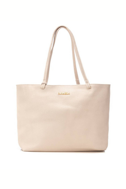 Carmela Handbag. A spacious beige leather shoulder bag with gold brand logo.