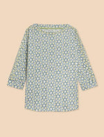 White Stuff Winnie Jersey Top. A boat neck top with 3/4 length sleeves and an all-over navy and green dotted design.
