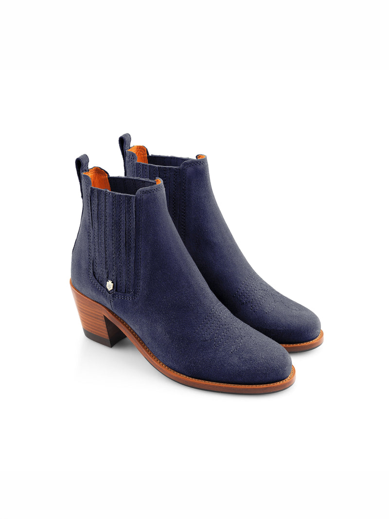 Fairfax & Favor Rockingham Boot. A pair of ankle boots with heel, suede outer, Fairfax & Favor logo. This boot is in the colour Ink.