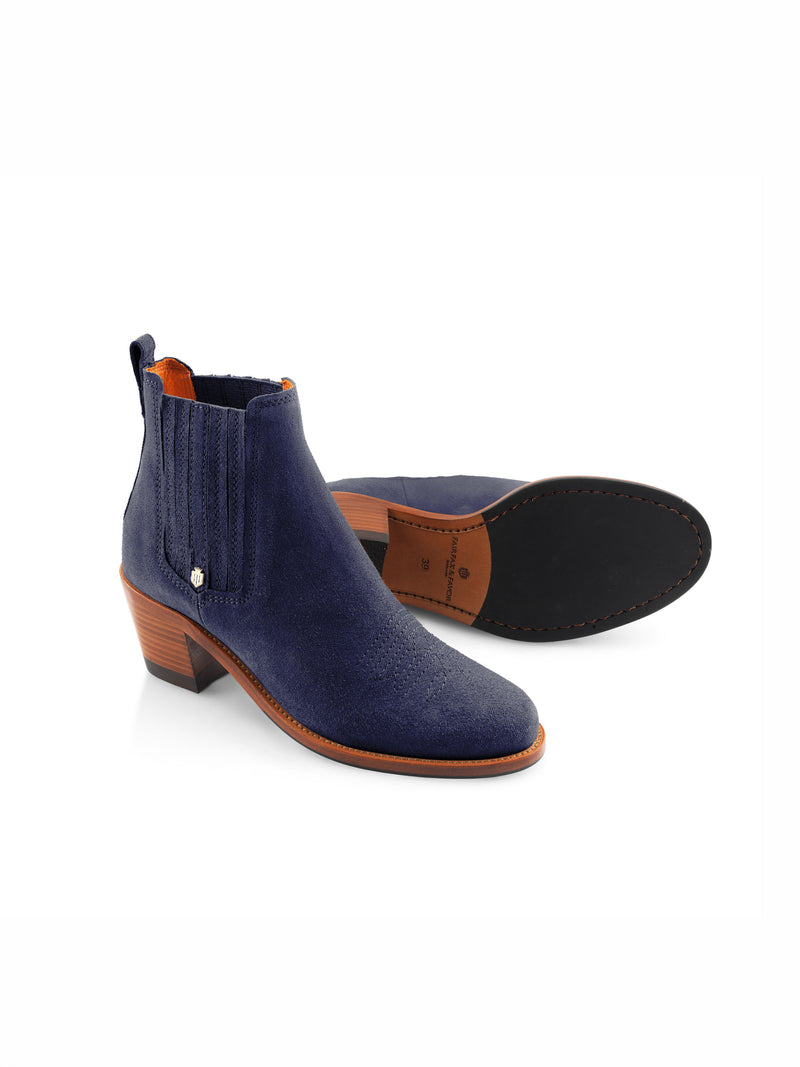 Fairfax & Favor Rockingham Boot. A pair of ankle boots with heel, suede outer, Fairfax & Favor logo. This boot is in the colour Ink.
