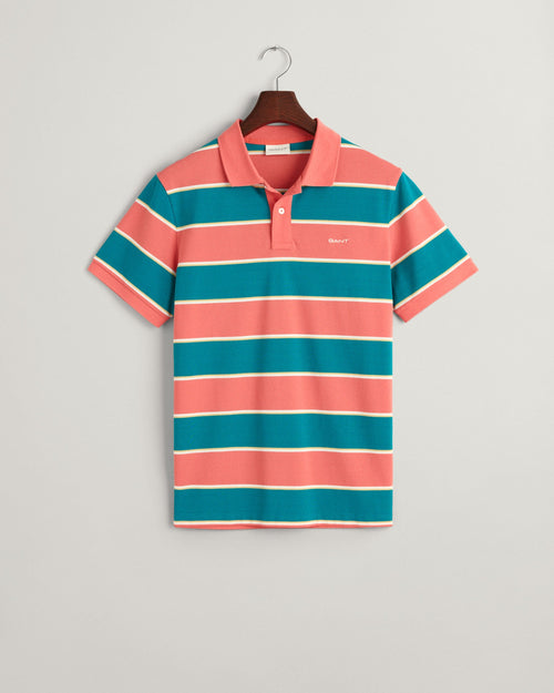 Gant Stripe Pique Polo. A regular fit polo with short sleeves, collared neckline and logo embroidery. Features a striped print in the colour Ocean Turquoise.