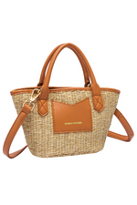 Every Other Straw Rattan Grab Bag. A small raffia bag with tan faux leather details, top handles, crossbody strap, and fully lined interior with zip pocket.