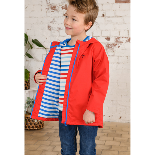 Lighthouse Ethan Jacket. A waterproof boy's jacket with a soft jersey lining, zip-up front, and a cool red design.