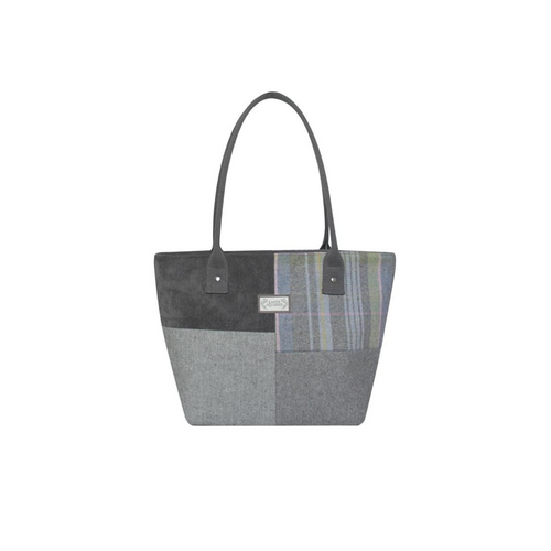 Earth Squared Tote Bag. A tote bag with long strap, zip closure and tweed pattern.