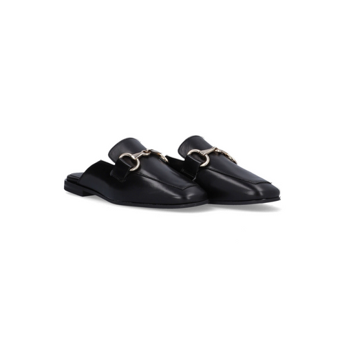 Alpe Leather Slip On Loafers in black with a backless design and decorative chain on the front.