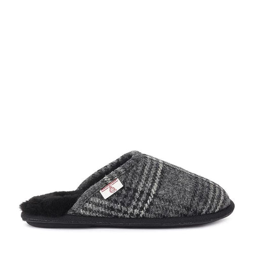 An image of the Bedroom Athletics Harris Tweed Mules in the colour Grey/Black.