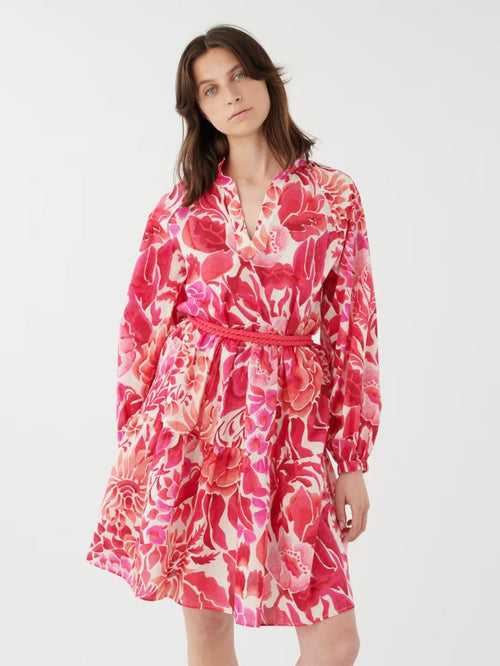 Dea Kudibal Rope Belt Dress. A short length dress with balloon sleeves, belt, and pink and white floral print.