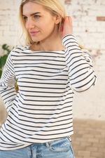 Lighthouse Causeway Breton Top. A long sleeve top with a classy boat neck, a stretchy cotton fabric finish and a white and black stripe design