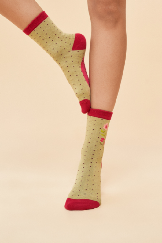 Powder Ankle Socks in sage ladybird design