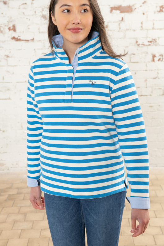 Lighthouse Haven Jersey Sweatshirt. A relaxed fit sweatshirt with a cosy funnel neck with half front popper fastening and a classic stripe design