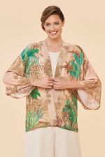 Powder Kimono Jacket. A hip-length, open style jacket with a beige floral print