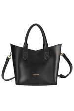 Every Other Twin Strap Grab Bag. A black faux leather bag with top handles, crossbody strap and removable pouch.