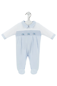 An image of the Dandelion Clothing Little Tractor Smocked Sleepsuit