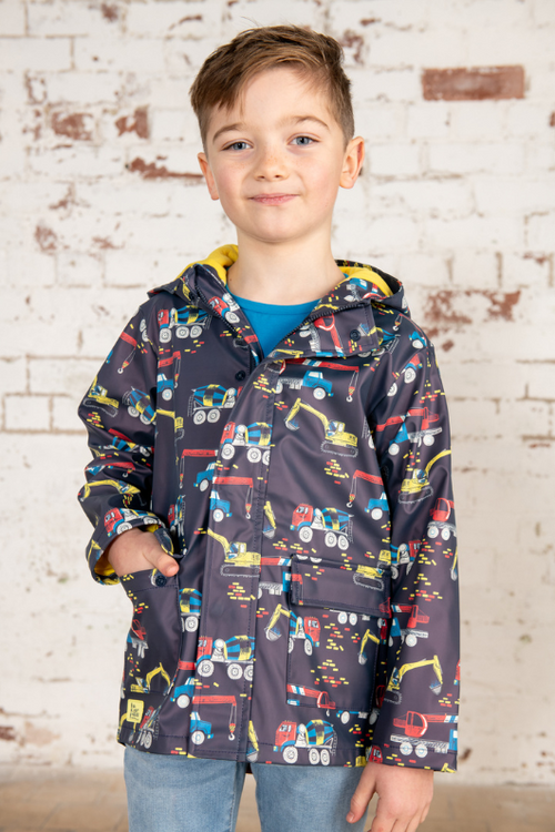 Lighthouse Anchor Jacket. A waterproof, boys jacket with a soft jersey lining, front patch pockets, a zip-up front, and a cool construction print with diggers and trucks.