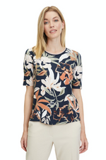 An image of the Betty Barclay Floral Top, with short sleeves and round neckline.