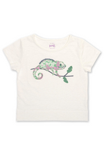 Kite T-Shirt. A short sleeve, round neck T-shirt. This top is white and has a chameleon applique.