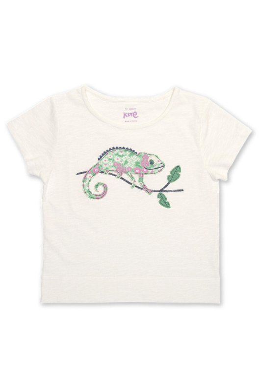 Kite T-Shirt. A short sleeve, round neck T-shirt. This top is white and has a chameleon applique.