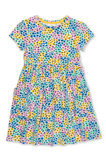 Kite Dress. a short sleeve, round neck dress with multicoloured leopard print.