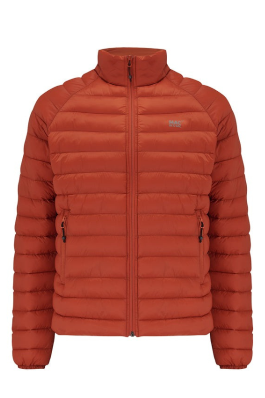 Mac in a Sac Mens Synergy Jacket. A lightweight packable jacket with thermolite filling. This jacket is water repellent, has zip fastening, and comes in the colour Burnt Orange.