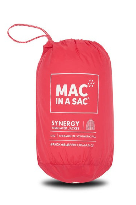 Mac in a Sac LDS Synergy Jacket. A lightweight packable jacket, comes with a sack for storage. This jacket has thermolite filling and reflective detailing and is in the colour Watermelon.