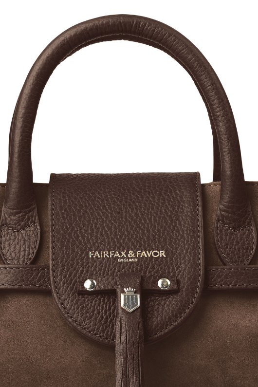 Fairfax & Favor The Mini Windsor. A mini windsor handbag with crossbody strap and tassel details. Suede and leather in the colour Chocolate.