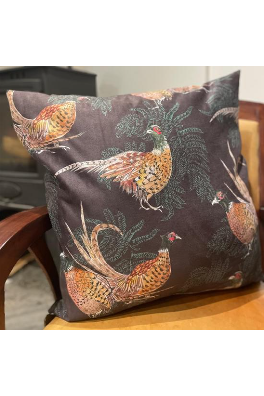 An image of the Vanessa Bathgate Pheasant/Green Bracken Cushion