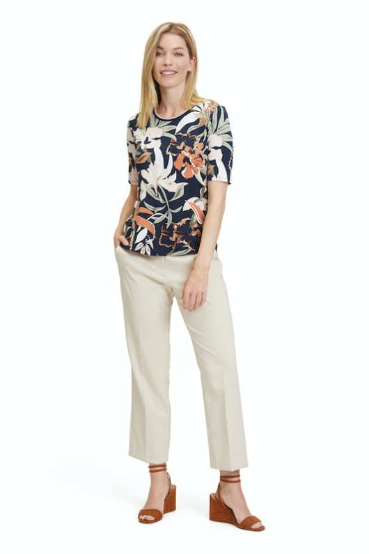 An image of the Betty Barclay Floral Top, with short sleeves and round neckline.