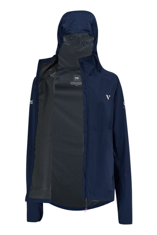 Mac in a Sac Ultralite Jacket. A lightweight packable jacket that is water proof and windproof, featuring an ajustable hood with wire peak. This jacket is made from stretch fabric and is in the colour navy.