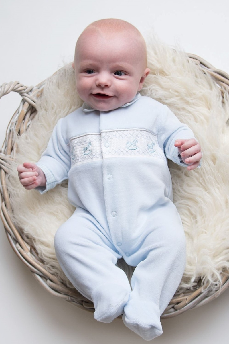 An image of the Dandelion Velour Smocked Sleepsuit Rocking Horse