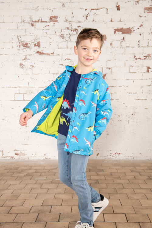 Lighthouse Ethan Jacket. A boys waterproof jacket with a soft jersey lining, zip-up front, and a cool blue dino print.