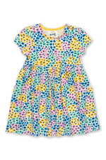 Kite Dress. a short sleeve, round neck dress with multicoloured leopard print.