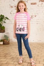Lighthouse Causeway Short Sleeve T-Shirt. A cotton, kids tee with a crew neck, striped design, and a pink tractor print.