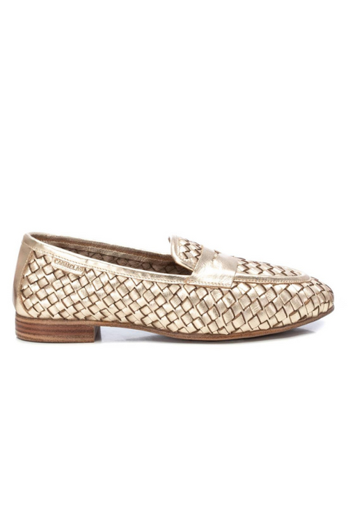 Carmela Loafer. A pair of gold moccasin shoes with interlocking design. 