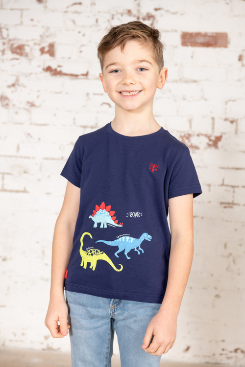 Lighthouse Oliver Short Sleeve Top. A boys, cotton t-shirt with a round neckline, short sleeves and a cool dino design on a navy background.